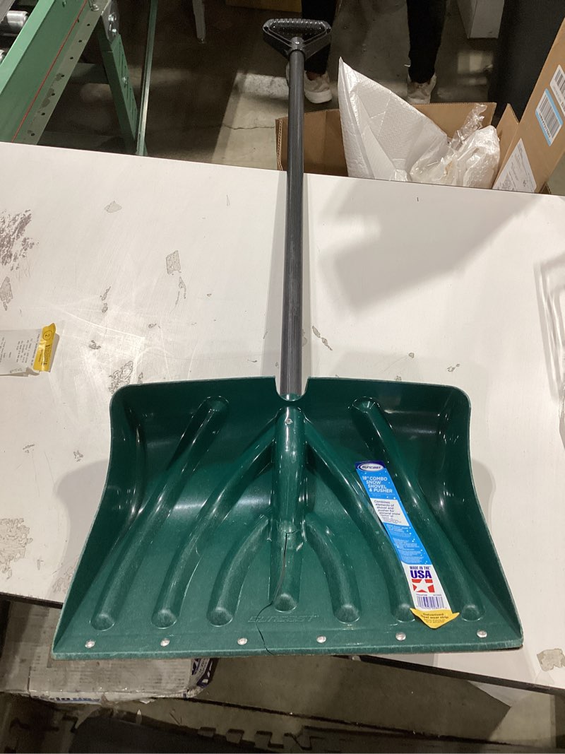 Condition photo showing As Is for Suncast 18-in Plastic Blade Shovel/Pusher Snow Shovel with 1-in Steel core Handle
