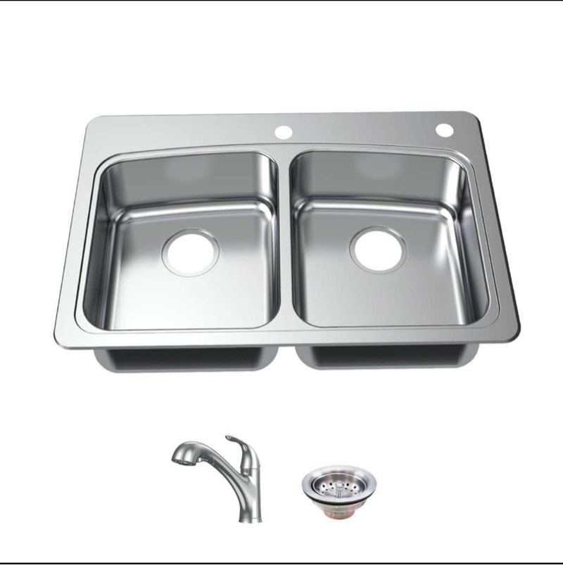 Glacier Bay All in-One 33 in. Drop-in Double Bowl 20 Gauge Stainless Steel Kitchen Sink with 2-Holes and Pull-Out Faucet/Strainer, Silver