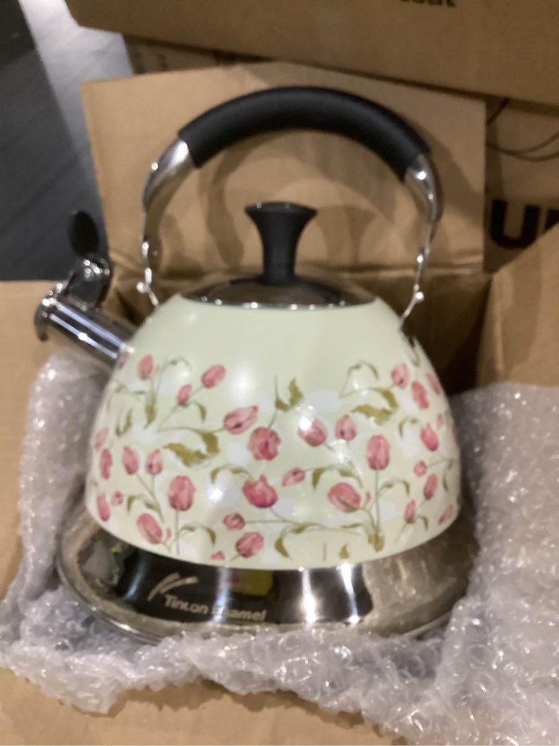 Condition photo showing New/Like New for Stainless Steel Whistling Tea Kettle Stovetop - 3.1QT Tea Pot for Stove Top, Vintage Floral Print, Foldable Handle, 304 Stainless Steel Interior Teatop for Tea, Coffee, Party & Gift Beige Tulip