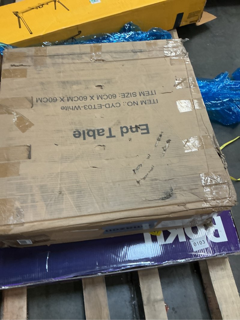 Condition photo showing As Is for Farmhouse End Table with Charging Station, 23.6" Square Sofa Side Table with Solid Wood Feet & 2 Spacious Drawers, Large Bedside Table Rustic Nightstand for Living Room Bedroom (White)