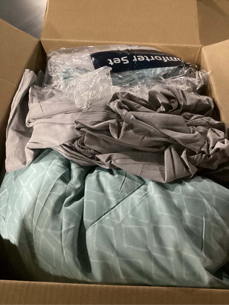 Condition photo showing As Is for Dinjoy Queen Comforter Set Boho, Soft Teal Striped 7 Piece Bed in a Bag Queen Size Warm Blue Green Bedding Sets Plaid Comforters Bed Set with Sheets for Family Fall Winter Teal Green Queen