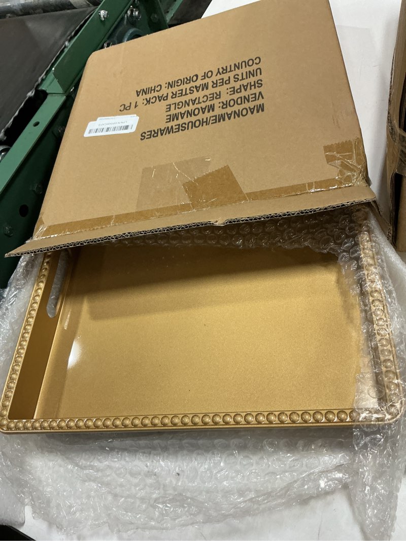 Condition photo showing Good Condition for maoname gold serving tray with handles, beaded decorative tray, square coffee table trays, plastic ottoman trays for living room, bathroom decor, 12" x 12" x 1.4" 11.8" x 11.8" x 1.4" gold