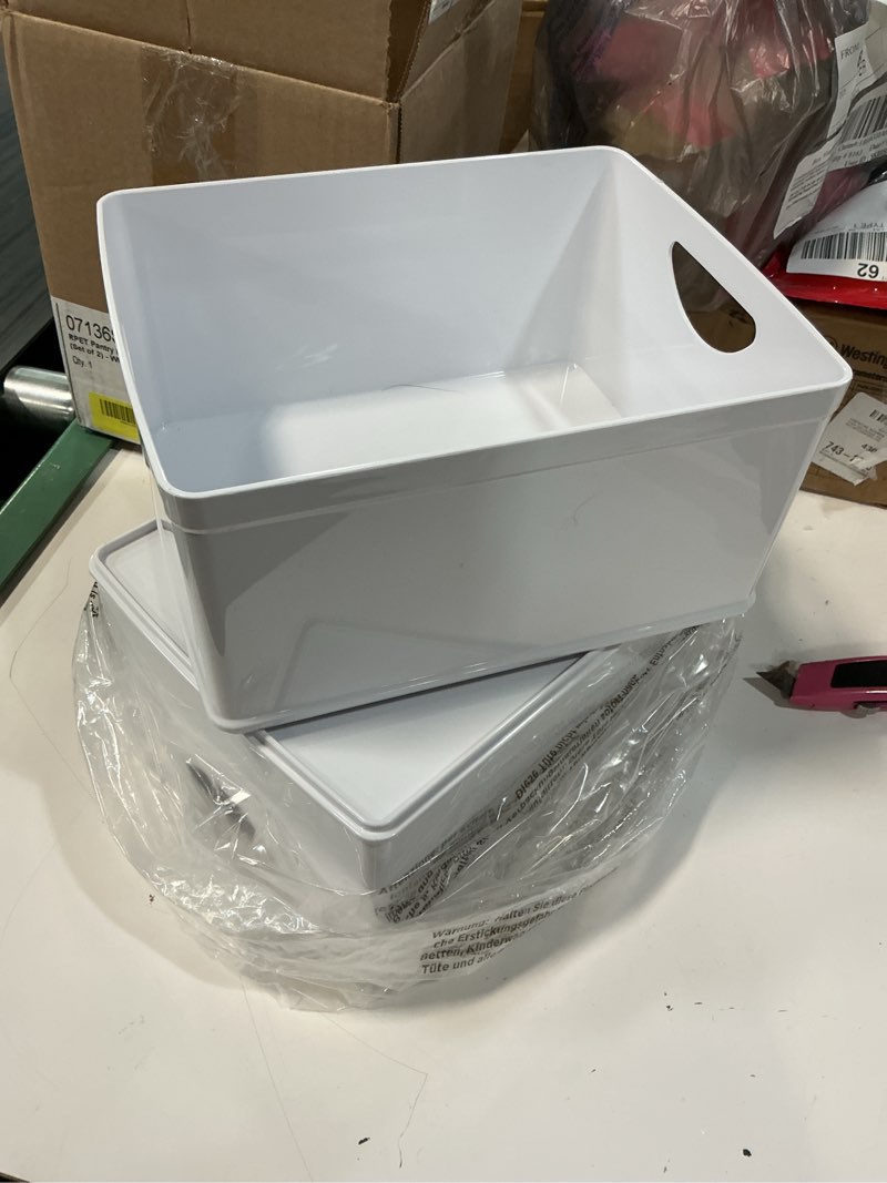 Condition photo showing Good Condition for  set of 2 white stacking bpa-free organization bins, 5" h x 8" w x 10" d