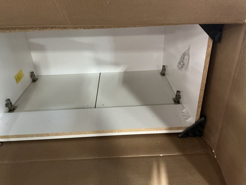 Condition photo showing As Is for project source 36-in white single sink bathroom vanity with white cultured marble top