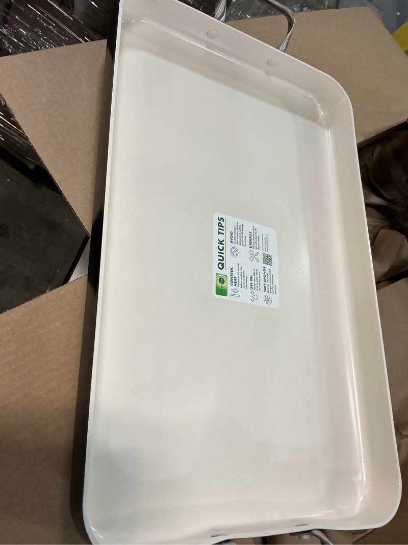 Condition photo showing New/Like New for GreenPan 18" x 11" Double Burner Griddle Pan, Hard Anodized Healthy Ceramic Nonstick PFAS-Free, Stainless Steel Handles, Stovetop Cooking, Dishwasher Safe, Oven & Broiler Safe Cookware, Black 18" x 11" x 2" Black