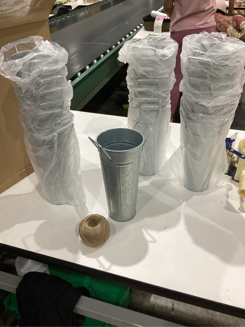 Condition photo showing Good Condition for bokon 24 pack 9 inch flower bucket bulk, galvanized metal vases, rustic vintage flower vases with handles, tall farmhouse planter pails buckets for wedding centerpieces, party decoration, diy craft