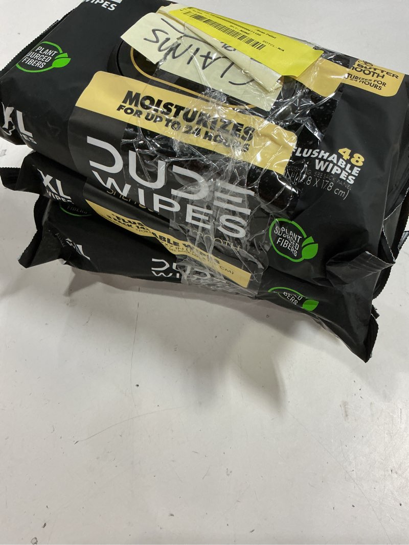 Condition photo showing As Is for dude wipes flushable wipes - 3 pack, 144 wipes - shea butter smooth with vitamin-e & aloe - septic and sewer safe
