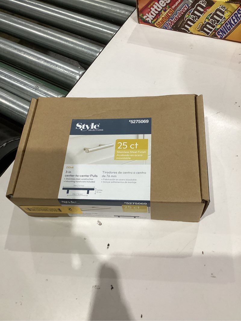 Condition photo showing New/Like New for Style Selections 3-in , 76mm Center to Center Stainless Steel Cylindrical Handle Drawer Pull 25CT