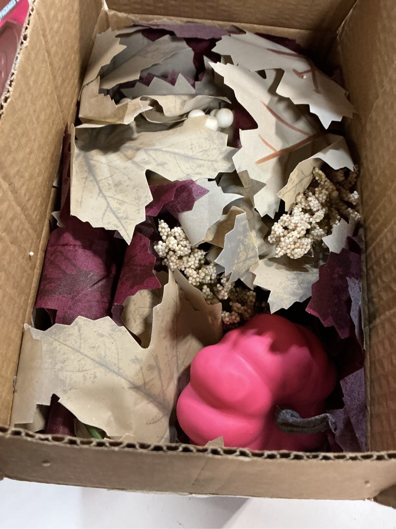 Condition photo showing Good Condition for Fall Garland Decor, 70 Inch Faux Leaf Garland with Pumpkin Maple Leaves Berry Hanging Fireplace Front Door Wall Table for Thanksgiving Halloween Christmas Decoration (White Purple) 02