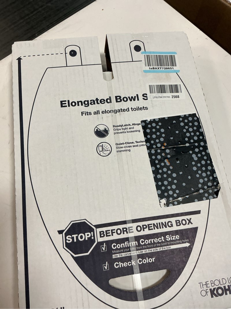 Condition photo showing New/Like New for kohler 24764-rl-0 rutledge nightlight readylatch slow close toilet seat, elongated, quiet-close lid and seat, grip-tight bumpers, white elongated white nightlight
