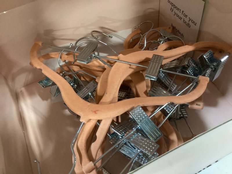 Condition photo showing As Is for Velvet Pants Hangers 20 Pack with Adjustable Clips, Space-Saving Slim Felt Clothes Hangers, Heavy Duty & Non-Slip Flocked Hangers for Pants, Skirts, Dresses, and Jeans(Pink)