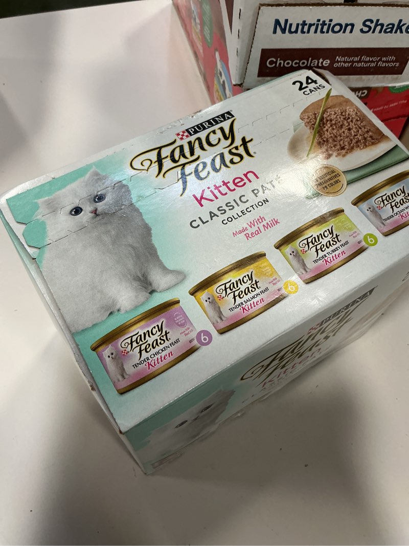 Condition photo showing New/Like New for (Best by FEB/2027) Purina Fancy Feast Tender Ocean Whitefish, Turkey, Chicken and Salmon Feasts Wet Kitten Food Variety Pack - (Pack of 24) 3 oz. Boxes