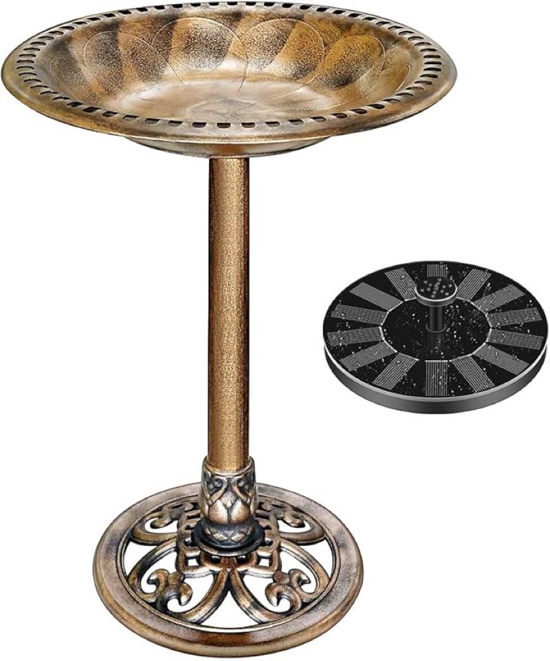vivohome polyresin antique outdoor golden garden bird bath and solar powered round pond fountain combo set