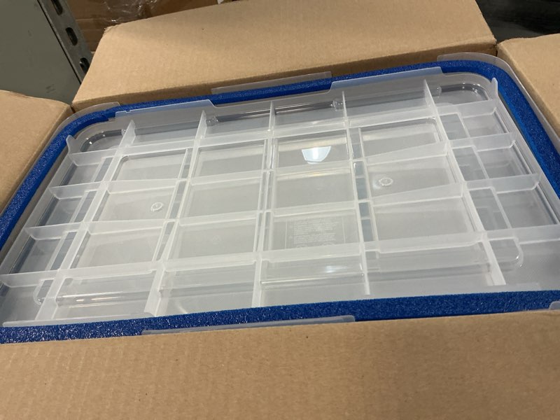 Condition photo showing Good Condition for iris usa weatherpro 16 qt storage bins with lids, 3 pack, bpa-free plastic gasket box with tight latch and seal, stackable nestable tote tub - clear/blue 16 qt. - 3 pack
