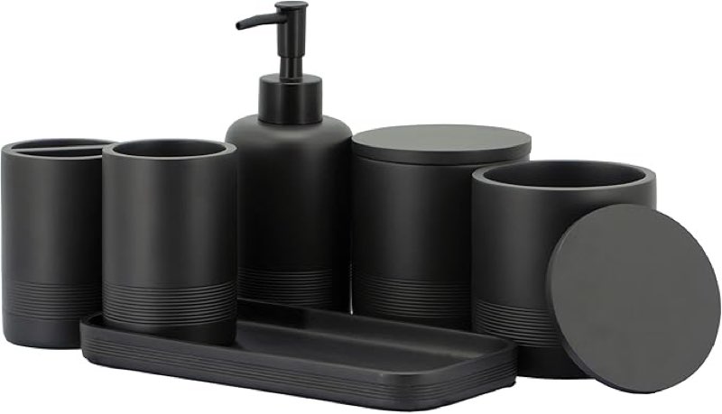 ZCCZ - Black Matte Bathroom Accessories Set 6 Pcs - Toothbrush Holder, Lotion Soap Dispenser, 2 Qtip Holder Dispenserr, Vanity Tray, Bathroom Tumbler - Decorative Countertop Vanity Organizer