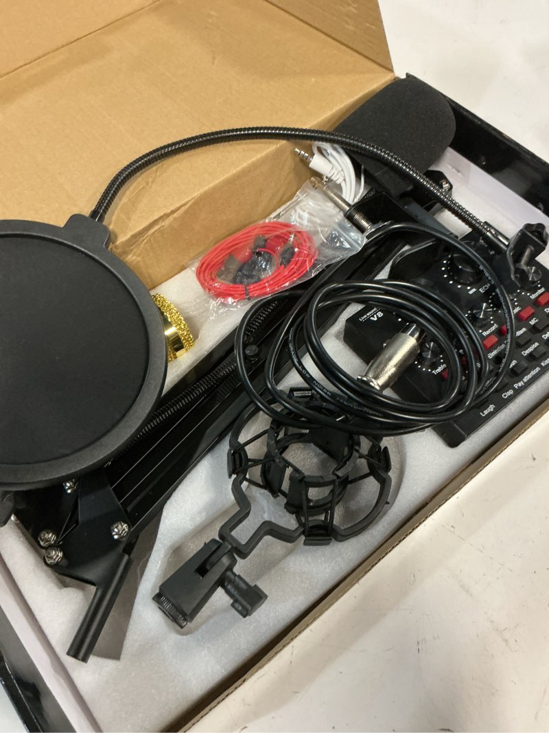 Condition photo showing Good Condition for mortime condenser microphone bundle, live sound card, adjustable boom arm, shock mount, metal mic pop filter, sponge pop filter cover, earphone, audio cables and power cable, set of 11 mic kit