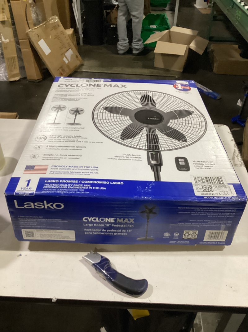 Condition photo showing Good Condition for lasko cyclone 18" oscillating pedestal fan with remote, 3 speeds, 54" h, black, 1843, new