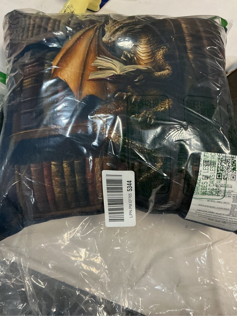 Condition photo showing New/Like New for Dragon Reading a Vintage Book on a Dark Library Bookshelf Throw Pillow 16x16