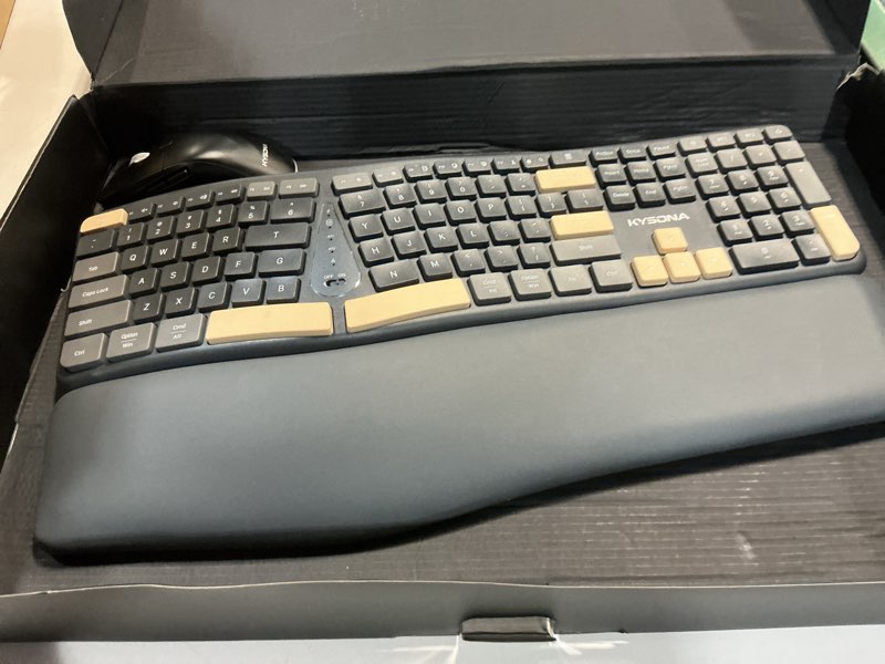 Condition photo showing Good Condition for kysona ergonomic keyboard mouse wireless combo, full size bluetooth split keyboard with wrist rest, 4 level dpi ergo mouse for windows mac os computer, colorful black