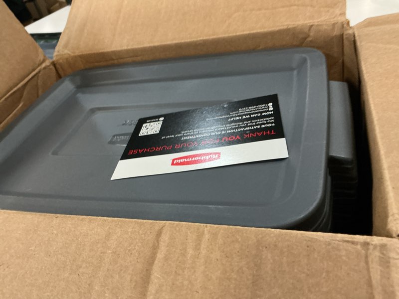 Condition photo showing Good Condition for rubbermaid 6-pack heavy duty durable 3 gal totes for storage with snap lids and handles, plastic storage bins stackable black gray for home and garage (3 gal - 6 pack solid black and grey)