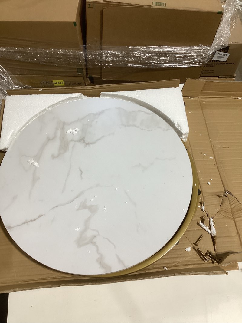 Condition photo showing As Is for aboxoo coffee table nesting white set of 2 side set golden frame circular round and marble pattern wooden tables, living room bedroom apartment modern industrial simple nightstand gold white engineered wood