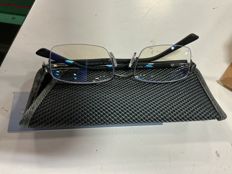 Condition photo showing Good Condition for missfive mens premium multifocus reading glasses 0 power on top center, blue light blocking far/mid/near progressive multifocal readers metal frame with no broken spring hinge, 1.5 d 0x on top_multifocus clear lens_gun-blue 1.5 x
