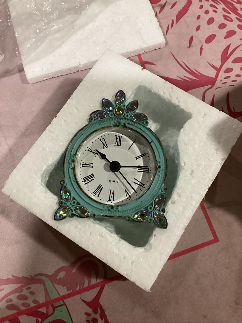 Condition photo showing Good Condition for nikky home vintage pewter quartz mini table clock with crystal shining rhinestone, 2.87 x 1.37 x 3.87 inches, aqua