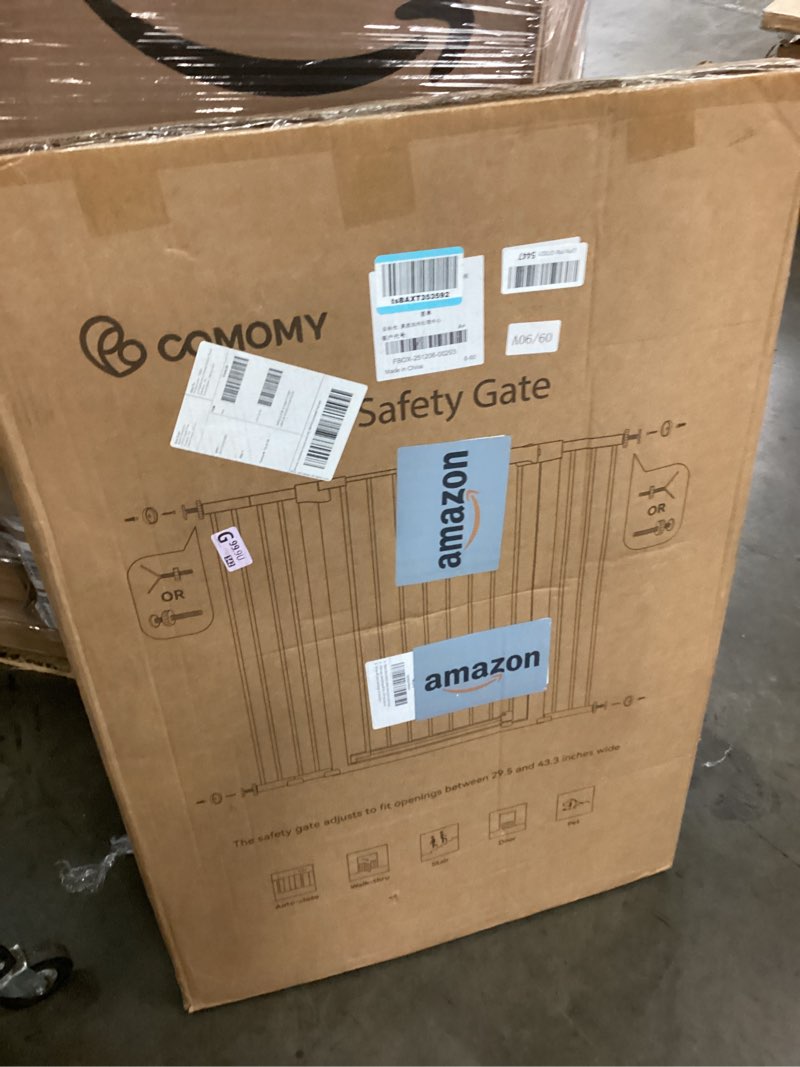 Condition photo showing As Is for comomy 42" extra tall baby gate for stairs doorways, fits openings 29.5" to 43.3" wide, auto close sturdy safety dog gate for house, pressure mounted easy walk through pet gate with door, white