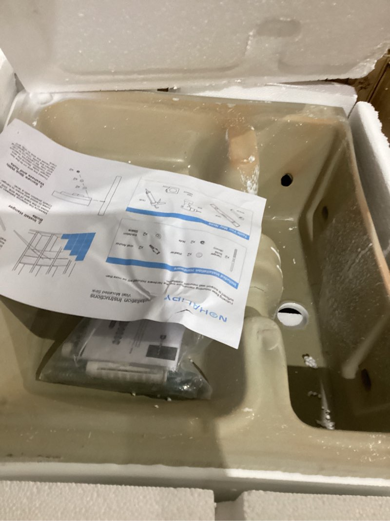 Condition photo showing Good Condition for NOHALIPY 18.1 x 16.5 inch Modern White Rectangle Wall Mounted Bathroom Sink, Mini Floating Bathroom Vessel Sinks, Small Porcelain Corner Wall Mount Sink for Rvs, Restroom, Toilet