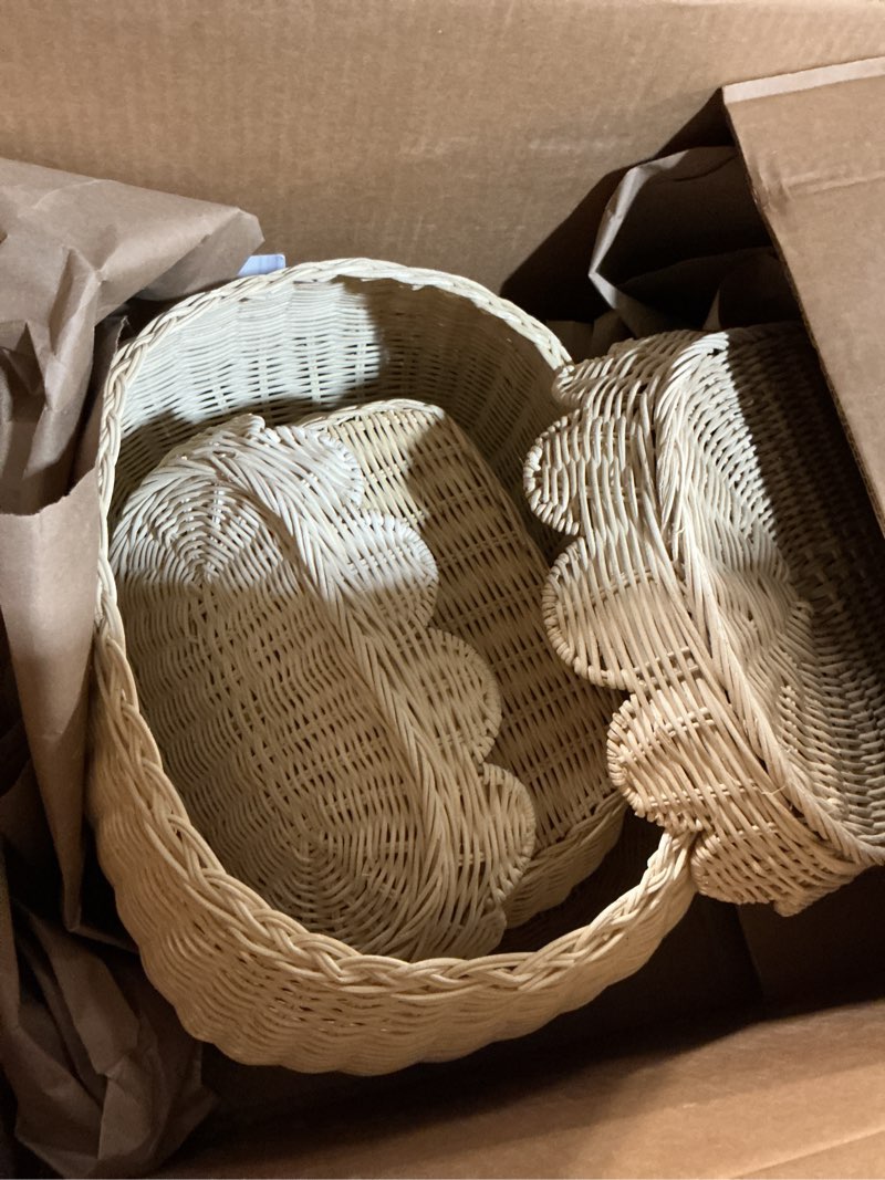 Condition photo showing As Is for BEBE BASK Premium Scalloped Basket Set Of 2 - Scallop Basket - 16 x 10 x 7 Inch - Hand-Woven Elegant Wicker With Scalloped Edge - Nursery Storage (Natural)