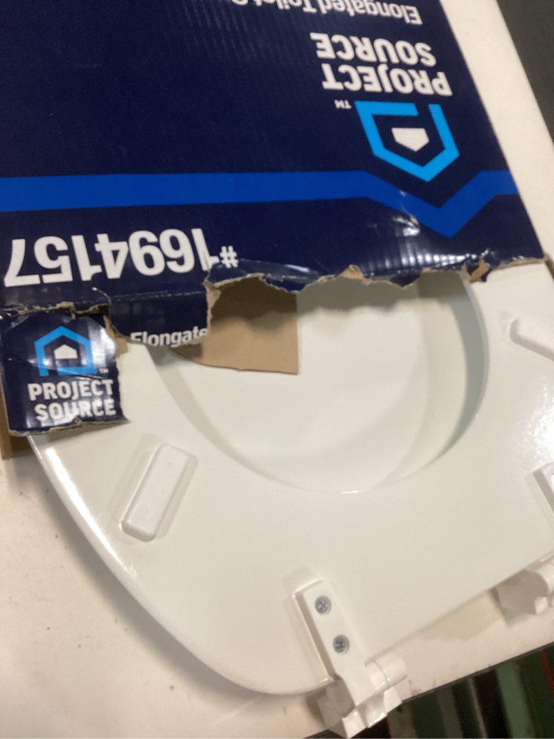 Condition photo showing As Is for Project Source Wood White Elongated Toilet Seat