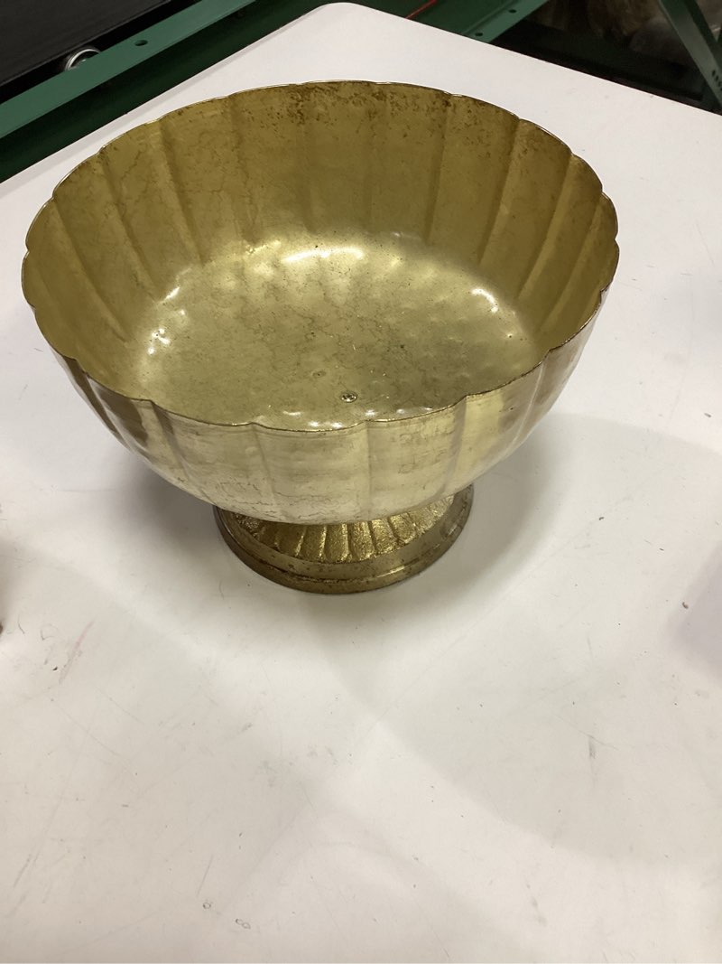 Condition photo showing Good Condition for distressed gold metal compote bowl | gold compote vase l lita metal vase l indoor and outdoor compote for any event