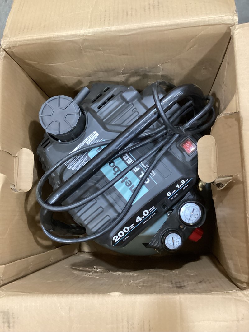Condition photo showing As Is for metabo hpt air compressor, the tank, portable pancake air compressor 200 psi, 6 gallon tank, versatile for use with framing, siding, finish, brad or roofing nailers, ec914s 6-gallon pancake, 200 psi