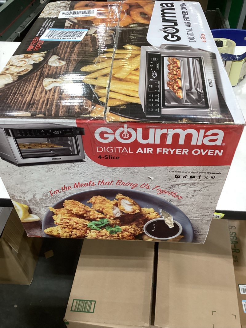Condition photo showing As Is for Gourmia Toaster Oven Digital Air Fryer - Convection Mode with 4 Slice Capacity, 3 Rack Positions, 12 Presets, Toast, Bagel, Bake, Roast, Broil, Dehydrate, Popcorn, Fits 9" Pizza, Stainless Steel Large Silver