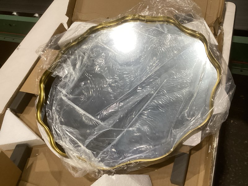 Condition photo showing New/Like New for voobang gold scalloped circle mirror, 20" wavy edge round wall mirror with tempered glass textured circular metal deep frame, hanging leaning for bathroom, hallway, entryway, livng room gold 20"l x 20"w