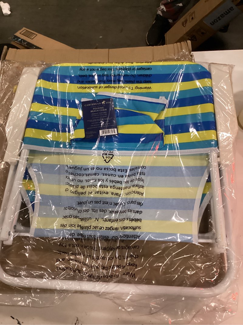 Condition photo showing New/Like New for caribbean joe folding beach chair, 1 position lightweight and portable foldable outdoor camping accessories with carry strap (bold stripe, 200lbs capacity) bold stripe 200lbs capacity