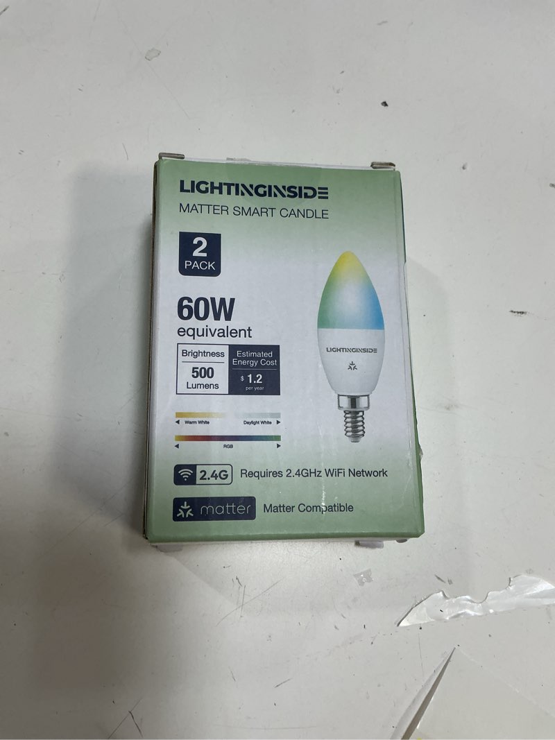 Condition photo showing item condition for Lightinginside Matter Candelabra Smart Light Bulbs 60W Equivalent, 500LM 6W E12 LED Bulb Compatible with Alexa/Siri/Apple Home/Google Home/SmartThings, RGBCW Candle Bulb, 2.4G WiFi, ETL Listed, 2PCS 2 PACK-Candle
