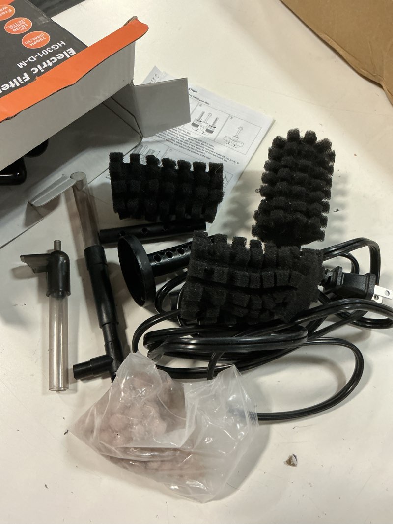 Condition photo showing As Is for hygger electric aquarium sponge filter, 3.5w quiet fish tank filter pump with 2 spare sponge & bio media balls, adjustable outlet venturi & rain mode(m for 10-40 gal fish tank)