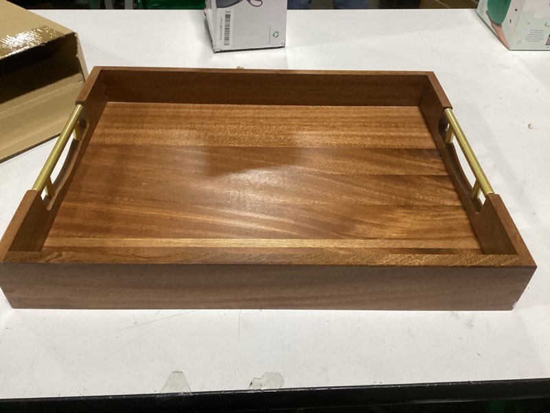 Condition photo showing New/Like New for LotFancy Wood Serving Tray with Metal Handles, 17x13 Inch, Large Ottoman Tray, Decorative Wooden Tray for Living Room, Ottoman, Coffee Table, Countertop Centerpiece Brown