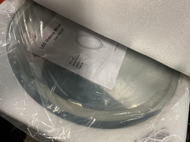 Condition photo showing New/Like New for rolove makeup mirror with lights, 18 inch vanity mirror with lights, lighted makeup mirror, smart touch control round lighted vanity mirror, tabletop ? desk mirror, gifts for women, wife, mom, girls white 18"l x 18"w