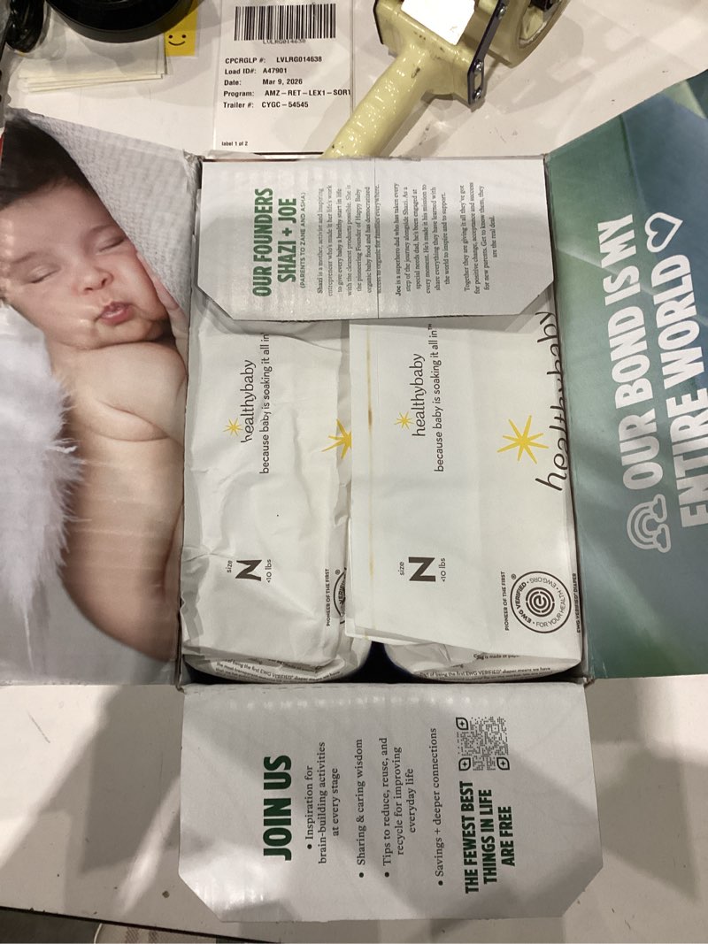 Condition photo showing As Is for HealthyBaby Our Diapers | EWG Verified Safe & Plant-Based Diapers | Leak Protection | Soft Organic Cotton Shell | Chlorine-Free Diaper for Sensitive Skin | Size N (Under 10 lbs) 66 Count