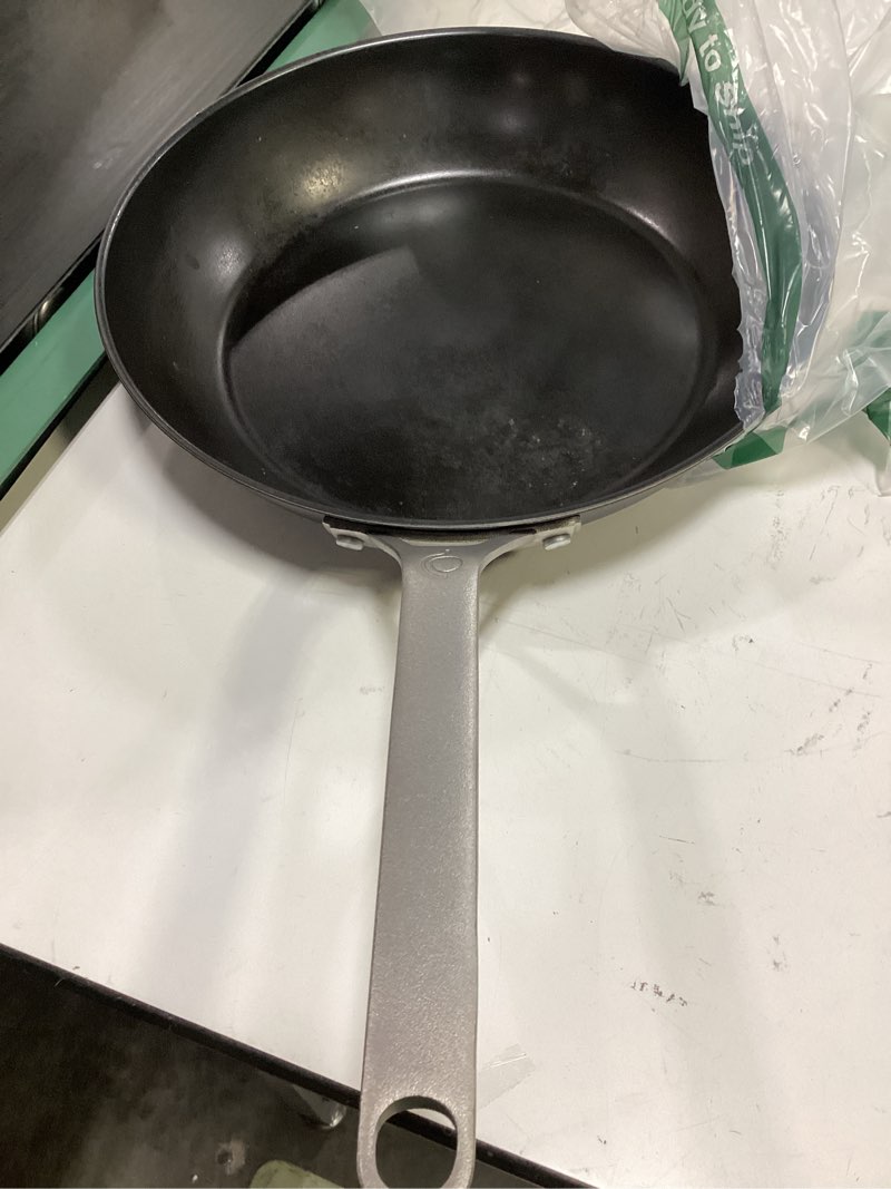 Condition photo showing As Is for tri ply carbon steel 12 inch frying pan - naturally nonstick nitrided carbon steel pan better than cast iron - lightweight, non toxic cookware, no coatings - induction ready skillet