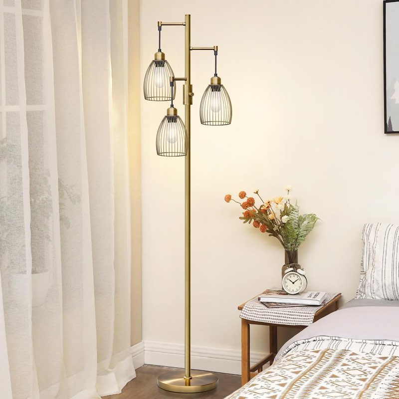 Dimmable Industrial Floor Lamps for Living Room, Gold Tree Standing Tall Lamps with 3 Elegant Teardrop Cage Head & 800 Lumens LED Bulbs for Bedroom Office