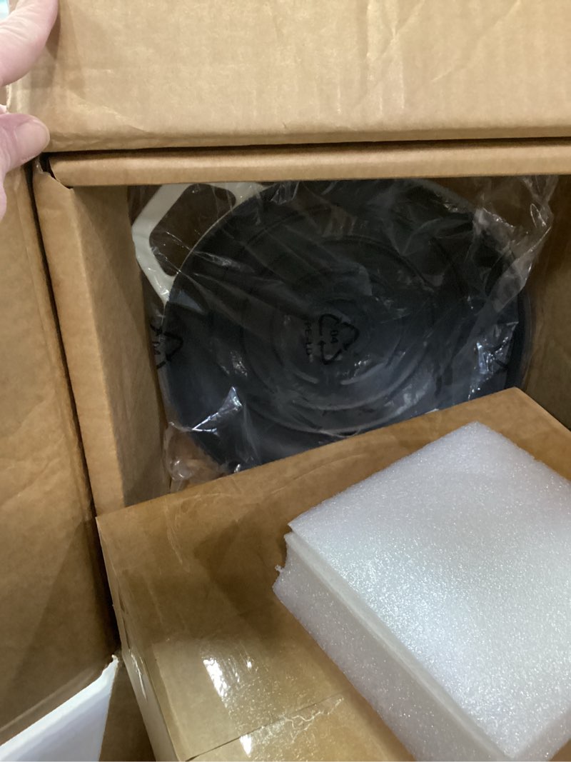 Condition photo showing New/Like New for Amazon Basics Cast Iron Dutch Oven Pot with Lid, Enameled, Round, Dual Handles, Heavy-Duty, Medium, 6-Quart, Matte White Matte White 6-Quart