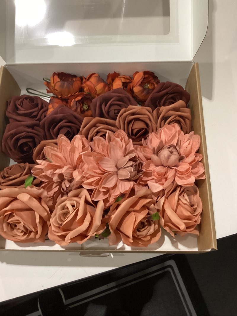 Condition photo showing New/Like New for Ling's Moment Artificial Flowers Fake Silk Dahlia Faux Foam Roses Combo for DIY Wedding Bouquets Centerpieces Arrangements Bridal Shower Party Home Decorations, Amber & Terracotta, 23pcs Or-amber & Terracotta