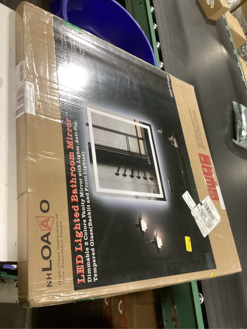 Condition photo showing As Is for LOAAO 32"X32" LED Bathroom Mirror with Lights, Anti-Fog, Dimmable, Backlit + Front Lit, Lighted Bathroom Vanity Mirror for Wall, Memory Function, Tempered Glass, Shatter-Proof, ETL Listed Led Bathroom Mirror (3 Light Modes) 32"L x 32"W