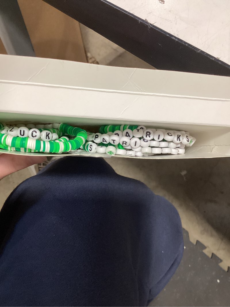 Condition photo showing Good Condition for 24 pcs st. patrick's day bracelet for women clay lucky irish shamrock beaded bracelets bulk for party decor gifts