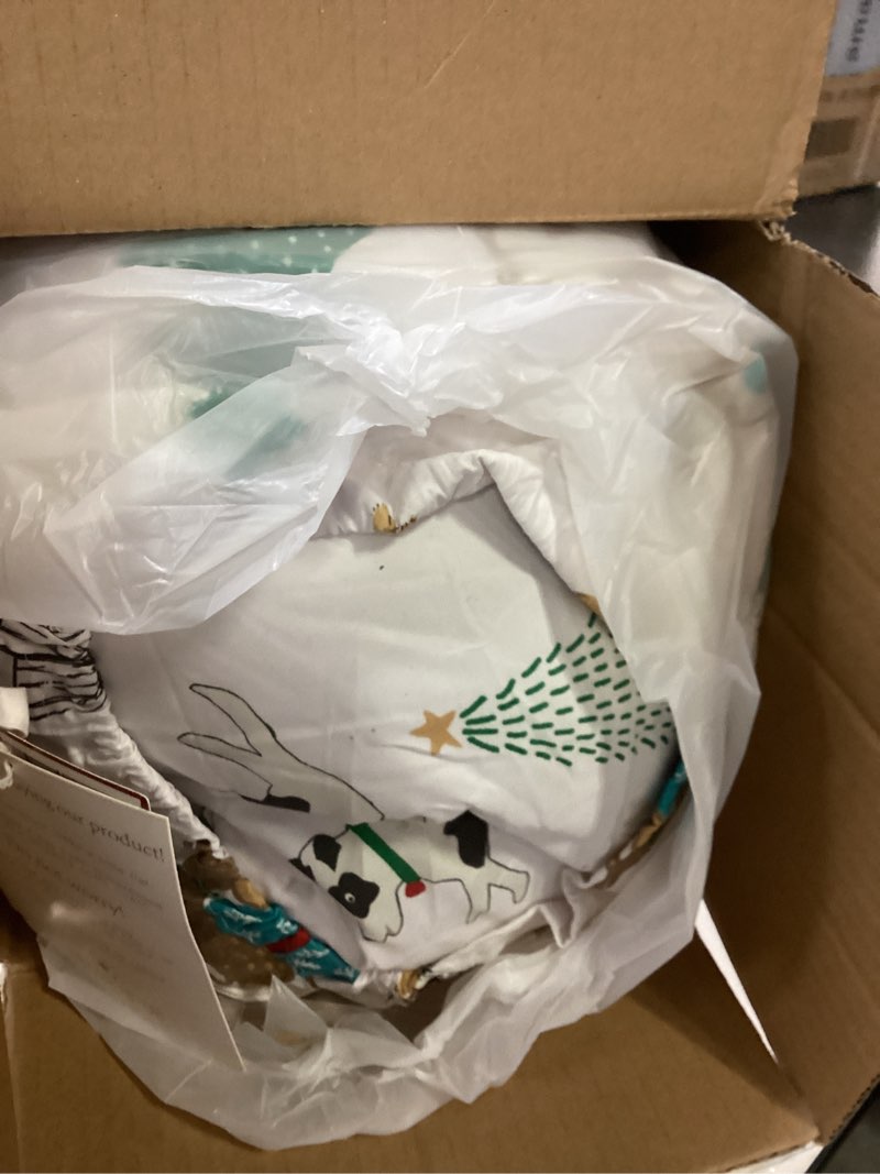 Condition photo showing As Is for Levtex Home - Jingle Paws Comforter Set - Full/Queen Comforter (90x94in.) + Two Shams (20x26in.) - Holiday Dogs - White Red Green - Reversible - Polyester Comforter - Full/Queen
