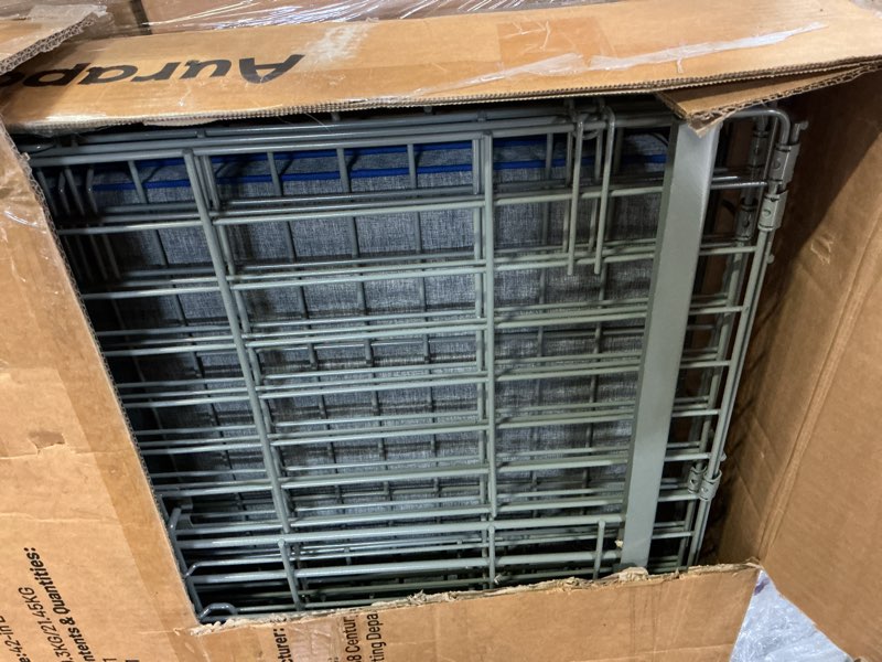 Condition photo showing As Is for 42 inch collapsible dog crate for large dogs, foldable metal dog kennel with reinforced diamond wire mesh, escape proof foldable dog cage, leak-proof removable tray, double secure door latch 42.5"l x 32.5"w x 28.5"h