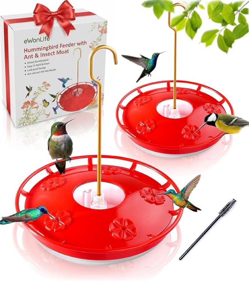 eWonLife 2 Pack Hummingbird Feeders for Outdoors, 16oz Leak-Proof Saucer Humming Bird Feeder with Integrated Ant Moat, Bee Proof 5 Feeding Ports, Brush, Easy Clean & Refill, Hanging Garden Yard Décor